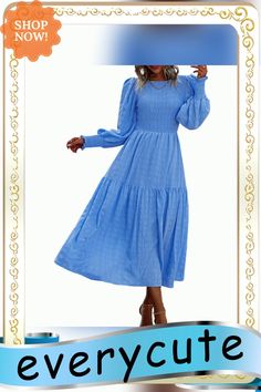 Light Blue Puff Sleeve Pleated Swing Long Dress Blue Puff Sleeve Midi Dress For Fall, Blue Lantern Sleeve Dress For Fall, Blue Pleated Dress For Winter, Blue Pleated Winter Dress, Light Blue Long Sleeve Midi Dress For Brunch, Casual Blue Midi Dress With Puff Sleeves, Blue Puff Sleeve Midi Dress, Light Blue Long Sleeve Midi Dress For Fall, Dresses By Length