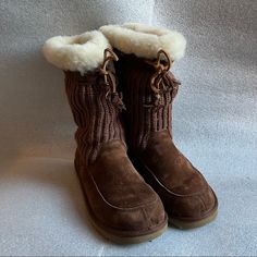 Pre Owned Ugg 7 Tall Suburb Crocheted Suede Sheepskin Boots Dark Brown Size 8 In Excellent Condition With No Signs Of Any Flaws Or Damage. The Interior Of The Boots Are Well Kept. Will Keep You Warm This Winter Ugg Australia Suburb Crochet Tall Boots In Mocha Style # 5124 Size 8 Sole Material Ethylene Vinyl Acetate Shaft Height Mid-Calf Outer Material Leather Suede Inner Material Plush Sheepskin Shearling Linings Offer Thermal-Regulating Warmth And Light Cushioning Cozy Leather Boots For Fall, Winter Uggs, Sheepskin Boots, Ugg Australia, Tall Boots, Womens Uggs, Ugg Shoes, Mid Calf, Mocha