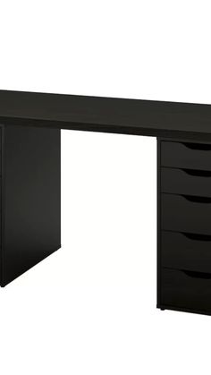 a black desk with five drawers on the bottom and one drawer at the top that is open