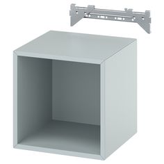 a white square object with metal brackets on the top and bottom part above it, in front of a white background