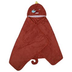 a red hooded towel with a cat on it's face and eyes, sitting in front of a white background