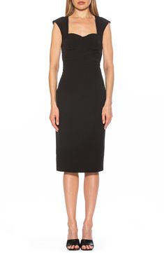 An elegant sheath dress features a bustier-inspired bodice and cap sleeves for sophisticated style. 43 1/2" length Sweetheart neck Cap sleeves Back zip closure Stretch crepe construction Back vent Fully lined Shell/lining: 97% polyester, 3% spandex Machine wash, tumble dry Imported Model stats: 5'10" height, 32" bust, 25" waist, 36" hip. Model is wearing size 2. Elegant Cap Sleeve Dress With Back Zipper, Fitted Black Midi Dress With Lined Bodice, Fitted Cap Sleeve Dress For Work, Classic Fitted Dress With Cap Sleeves, Elegant Cap Sleeve Dress For Night Out, Fitted Black Dresses With Structured Shoulders, Fitted Black Dress With Structured Shoulders, Classic Fitted Midi Dress With Back Zipper, Classic Fitted Midi Dress With Cap Sleeves