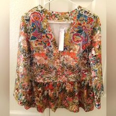 Multi Color Floral Top Or Coat. Brand New, Never Worn. By Designer Soft Surroundings Has Delicate Lace Like See-Through Burn Out Sleeves. Beading And Embroidery On Top Of Floral Print. Burn Out, Soft Surroundings, Floral Top, Red Yellow, Floral Tops, Beading, Floral Print, Multi Color, Floral Prints