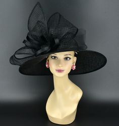 ✿*.Key Features.*✿ This is a wide brim hat with same color big sinamay bows and crin bow, very elegant and beautiful.  Great for Kentucky derby, weddings, church, Easter, Royal Ascot, horse races, cocktails, tea party, or any hat wearing occasion. Hat base size: From front to back: 17.75" (45cm) From left to right: 19" (48cm) Wide brim Appr: 5.12~6.5" Head girth: 22.5" (57cm) , adjustable string inside to make smaller to fit your head. If you want other colors in this style, just search the same item code in my store, you will find them. ✿*.Tip.*✿ ❣️If you want a customized piece, please follow the instructions below: 🔹Present style of hat or fascinator you would like from the store, with additional photos of your outfit and any other details you'd like me to know. 🔹After this process is Black Wide Brim Fedora For Evening, Fedora Straw Hat For Kentucky Derby Evening, Wedding Fedora Hat For Royal Ascot, Evening Fedora Straw Hat For Kentucky Derby, Evening Fedora Sun Hat For Kentucky Derby, Wide Brim Boater Hat For Kentucky Derby, Fedora For Wedding At Royal Ascot, Elegant Flat Brim Fedora For Wedding, Elegant Wedding Fedora With Flat Brim