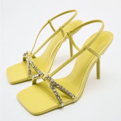 High Heel Sandals. Crossed Straps With Rhinestones. Squared Toe. Airfit. Flexible Technical Sole Made Of Polyurethane Foam Designed To Offer Increased Comfort. Heel Height: 3.7 Inches (9.5 Cm) Color: Yellow Size: Us 8 (Eu 39) Sold Out And Hard To Find This Color!! First Picture Shows The Actual Color Of The Crystals (Clear/Silver) Chic Sparkling Sandals For Summer, Yellow Open Toe Sandals With Rhinestones, Chic Sparkling Summer Heels, Yellow Heels With Rhinestones For Summer, Chic Sparkling Heels For Summer, Chic Sparkling Sandals For Spring, Summer Bedazzled Heels With Ankle Strap, Yellow Embellished Heels For Summer, Summer Yellow Embellished Heels