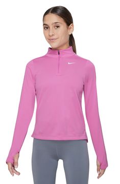 Kids will be ready to get moving in this long-sleeve pullover enhanced with thumbhole cuffs and Dri-FIT technology for wicking away sweat. Half-zip closure Thumbhole cuffs keep hands warm Dri-FIT moisture-wicking technology 100% polyester Machine wash, tumble dry Imported Pink Nike Pullover, Technical Long Sleeve Activewear For Winter, Functional Long Sleeve Sweatshirt, Nike Functional Sweatshirt For Workout, Nike Half Zip Outfit, Functional Sports Sweatshirt With Long Sleeves, Nike Stretch Tops For Light Sports, Functional Long Sleeve Moisture-wicking Sweatshirt, Winter Training Long Sleeve Sweatshirt