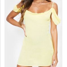 Yellow Off-Shoulder Dress. Flirty Mini Dress With Straight Neckline For Brunch, Fitted One Shoulder Sundress, Fitted One-shoulder Sundress, Summer Flirty Mini Dress With Straight Neckline, Flirty Spring Mini Dress With Straight Neckline, Flirty Summer Mini Dress With Straight Neckline, Flirty Mini Dress With Straight Neckline For Summer, Flirty Square Neck Mini Dress For Vacation, Casual Off Shoulder Mini Dress For Night Out