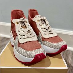 Michael Kors Muse Trainer Size 5 Flat Sneakers With Red Sole And Synthetic Material, Flat Synthetic Sneakers With Red Sole, Michael Kors Wedge Sneakers, Mk Shoes, Floral Espadrilles, Logo Flip Flops, Michael Kors Sneakers, Michael Kors Wedges, Trainers Fashion