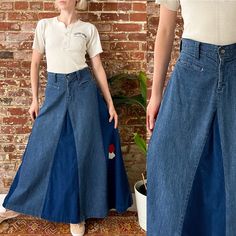 "Vintage 1970s denim & corduroy A-line maxi skirt - Talon zipper fly, floral appliqué, coin pockets - Skirt made from reworked bell bottom trousers - Material feels like 100% Cotton denim and corduroy - Hand tailored, one of a kind, no tag - Good condition, a few small holes front centre bottom, small fray spot on corner of right coin pocket - pictured - Fits best size Small, 27\" waist Measurements are done with garment laying flat and are not doubled. Please refer to measurements to ensure pro Bell Bottom Trousers, Tailored Skirt, Mode Jeans, Corduroy Skirt, Vintage Coat, Bell Bottom, Floral Applique, Skirts With Pockets, Sewing Ideas