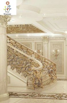 White And Gold Staircase, Inlaid Marble Floor, Luxury Stairs Grand Staircase, Cinderella Stairs, White And Gold Mansion, Gold Staircase, Grand Staircases, سلالم حلزونية, Elegant Staircase