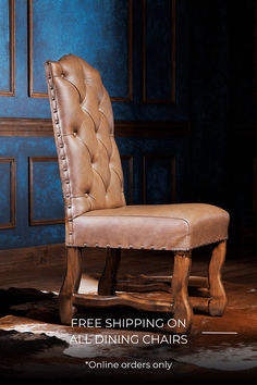 a brown leather chair sitting in front of a blue wall with the words free shipping on all dining chairs