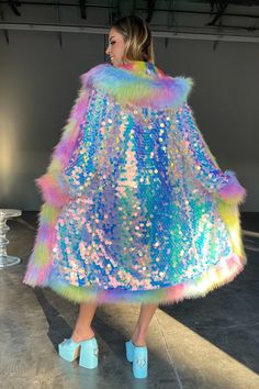 Odessa Sequin Coat – SPACE ISLAND Iridescent Outerwear For Fall Party, Spring Party Fur Coat With Faux Fur Trim, Party Multicolor Sequined Outerwear, Multicolor Sequined Party Outerwear, Glamorous Winter Outerwear With Contrast Sequin, Party Fur Coat With Faux Fur Trim, Glamorous Long Sleeve Fur Coat For Party, Space Island, Sequin Coats