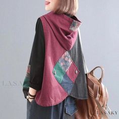 Lasaky - Vintage-style Denim Vest with Hoodie and Printed Patchwork, Providing a Slimming Look Womens Denim Vest, Vintage Denim Vest, Waistcoat Woman, Fall Vest, Sleeveless Coat, Denim Hoodie, Hooded Vest, Sleeveless Jacket, Grey Colour