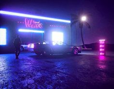 a car parked in front of a neon lit building