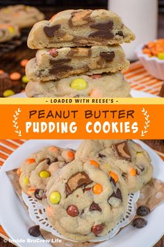 the peanut butter pudding cookies are stacked on top of each other and ready to be eaten