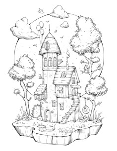 a drawing of a castle with trees and clouds in the background, on top of an island