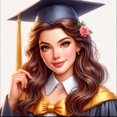 a digital painting of a woman wearing a graduation gown and holding a rose in her hair