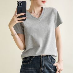 Summer Solid Color V-Neck Black Basic Tee  Material: 92.5%Cotton+7.5%Spandex  Style: Teen Girl Shirt Size: S, M, L, XL, 2XL, 3XL Color: Black, Gray  Occasion: Outdoor, Daily,  Vacation Casual V-neck Plain Top, Solid V-neck T-shirt For Work, Stretch V-neck T-shirt For Work, Basic Gray V-neck Tops, Trendy Gray V-neck T-shirt, Casual Plain V-neck Top, Casual Stretch T-shirt For Work, Gray Everyday V-neck T-shirt, Casual V-neck Shirt For Everyday