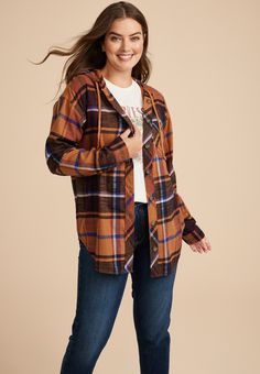 Cabin Plaid Boyfriend Hooded Button Down Shirt - Materials & Care:imported - 100% cotton - machine wash A Cabin, Fall Clothes, Favorite Sweater, List Style, Flannel Fabric, Cotton Flannel, Womens Plaid, Halloween Decor, Button Downs