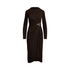 Crafted with smooth stretch jersey for a fluid drape this long-sleeve dress is defined by a faux-leather buckled tab at the waist a wrap-style skirt and a slim-fitting silhouette. Fall Workwear Draped Midi Dress, Draped Midi Dress For Fall Workwear, Elegant Brown Belted Midi Dress, Elegant Belted Long Sleeve Dress For Formal Occasions, Elegant Long Sleeve Belted Dress For Formal Occasions, Elegant Long Sleeve Belted Formal Dress, Fitted Belted Long Sleeve Dress For Work, Fitted Long Sleeve Belted Dress For Work, Chic Formal Midi Dress By Ralph Lauren