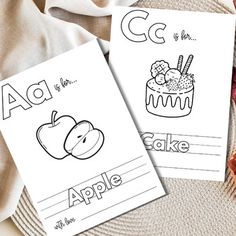 two printable coloring pages for the letter c and an apple on top of a plate