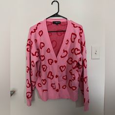 Never Worn, No Tags Though Size L Hearts Cardigan, Silk Long Sleeve Blouse, Heart Cardigan, Y2k Boho, Maternity Blouse, Heart Sweater, Red Cardigan, Peasant Style, Plaid Blouse