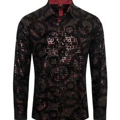 Cotton, Elastane, And Polyester, High Quality Slim Fit Party Shirt For Fall, Black Collared Shirt With Graphic Print, Black Collared Shirt For Party, Black Button-up Shirt For Night Out, Fitted Party Shirt With Graphic Print, Black Collared Shirt For Night Out, Black Party Shirt For Winter, Collared Black Shirt For Night Out, Casual Fall Party Shirt