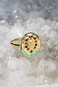 SACRED garnet and turquoise ring Garnet And Turquoise Ring, Gold Turquoise Multi-stone Oval Ring, Gold Oval Turquoise Multi-stone Ring, Gold Oval Multi-stone Turquoise Ring, Gem Logo, Sacred Lotus, Lotus Ring, Copper Pearl, Lotus Design