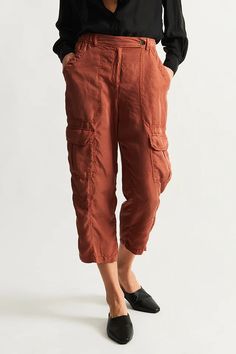 Silk Cognac Elysian Pant – Raquel Allegra Brown Ankle-length Cargo Pants With Pockets, Casual Linen Pants With Multiple Pockets, Cropped Cargo Pants With Side Pockets For Fall, Utility Linen Cargo Pants With Cargo Pockets, Linen Parachute Pants With Cargo Pockets, Linen Cargo-style Bottoms, Brown Workwear Cargo Pants With Elastic Waistband, Chic Parachute Pants With Cargo Pockets, Brown Cargo Pants With Elastic Waistband For Work