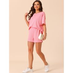 Elevate your lounging experience with the Cheibear Women's Lounge Outfits. This pajama set, featuring a casual round neck top with short sleeves and matching shorts, is crafted from a soft blend of 95% Polyester and 5% Spandex, ensuring both comfort and breathability. The ribbed, solid color design adds a touch of simplicity and style to your relaxation time.

- Material: 95% Polyester, 5% Spandex
- Color: Pink
- Gender: Female
- Size: Small

Ideal for various leisure activities, from sleeping a Pink Relaxed Fit Short Set For Loungewear, Casual Pink Short Set With Relaxed Fit, Casual Pink Relaxed Fit Short Set, Casual Pink Short Set For Loungewear, Pink Casual Short Set For Pajama Party, Casual Pink Short Set For Pajama Party, Casual Summer Short Set For Lounging, Casual Short Set For Summer Lounging, Casual Solid Sleepwear For Vacation