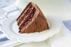 a slice of chocolate cake on a white plate with a blue and white table cloth