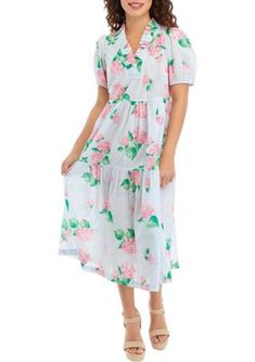 This chic tiered midi dress from Crown & Ivy is designed with an intricate all-over print and a ruffled neckline. | Crown & Ivy Women's Petite Puff Sleeve Printed Midi Dress, Pink, PM Tiered Floral Print Midi Dress For Daywear, Tiered Midi Dress With Floral Print For Daywear, Tiered Printed Midi Dress For Spring, Printed Tiered Midi Dress For Spring, Casual Tiered Midi Dress For Daywear, Midi Dress Pink, Ruffled Neckline, Tiered Midi Dress, Petite Outfits