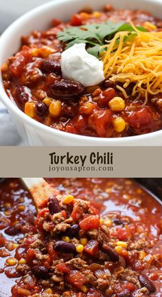 two pictures of turkey chili with cheese and sour cream on top, in a white bowl