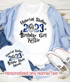 ✨DESIGN SHOWN: Universal Studios 2023 Family Shirts, Universal Studios Shirts, Disneyland Shirt, Disneyworld Family Shirts, Universal Birthday Trip D132 -----DESCRIPTION----- * This listing is for a white personalized shirt, we carry different styles and sizes see in the picture above. * To customize your shirt use the personalization option below the drop down menu. * This shirt is made with all professional equipment, we print our images image using commercial paper, after the image is printed Universal Studios Birthday Squad Shirts, Universal Birthday Shirts, Universal Studios Birthday Shirts, School Spirit Short Sleeve Shirt For Birthday, School Spirit Short Sleeve Shirt For Birthdays, Customizable School Spirit T-shirt For Birthday, Universal Shirts For Family, Universal Studios Tshirt Ideas, Universal Studios Shirt Ideas