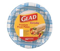 a blue and white plate with a wrapper on it that says glad everyday paper plates