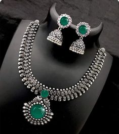 BASE METAL:- Brass, green stone necklace  Origin:- India  Stone Type: Artificial round green crystal ---------------------------------------------------- Specialty :- :- These beautiful necklace & earrings set have and excellent finish and gives out exquisite sense of style :- You can wear these in a wedding or function :- You can also wear on any occasion or any festival :- You can gift these beautiful jewellery set to your friend or relative :- These jewellery gives you a traditional look ---- Green Jewelry Sets With Stone Work, Traditional Green Jewelry With Stone Setting, Traditional Green Necklace With Stone Setting, Traditional Green Necklaces With Stone Setting, Green Kundan Jewelry With Stone Setting, Bollywood Style Jewelry With Oxidized Finish For Party, Green Round Bollywood Jewelry, Round Green Meenakari Jewelry Set, Green Round Necklace With Stone Setting