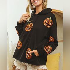 Black Relaxed Hoodie With Sparkle Glam Pumpkin Patches!! Casual Black Hoodie For Halloween, Orange Drawstring Hood Outerwear For Fall, Orange Outerwear With Drawstring Hood For Fall, Black Halloween Top With Drawstring Hood, Hooded Halloween Sweatshirt, Orange Drawstring Hood Top For Fall, Orange Hoodie Sweatshirt For Fall, Black Hoodie With Drawstring For Fall, Black Hoodie Sweatshirt For Fall