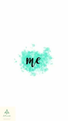 the word me is written in black ink on a white background with green and blue spots