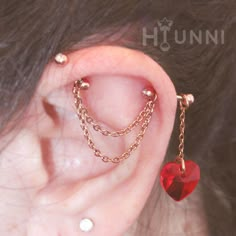 16g 14g Heart double chain industrial piercing earring, Double chain 2 ear studs, 316l surgical steel, HiUnni Handmade Model is shown wearing 16g 6X8mm bars _ [ Chain Color Options ] Silver, Gold, Rose Gold _ [ Heart Color Options ] Clear, AB, Red, Black _ [ Bar, Ball Options] Bar thickness: 16gauge, 14gauge Bar length: 1/4″(6mm), 5/16″(8mm) Ball ends sizes: 3mm, 4mm _ [ Materials ] Chain, Jump-rings: Ion gold plated 304 stainless steel Barbell: 316l surgical steel Heart: Crystal _ [ Measurement Chain Industrial Piercing, Chain Industrial, Industrial Earrings, Industrial Piercing Jewelry, Makeup Accesories, Industrial Piercing, Cute Piercings, Rose Gold Heart, Double Chain