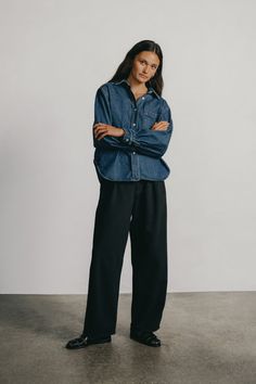 Our classic denim trouser with single front pleats and a slightly curved leg. Hitting at your natural waist, we love the Field Pants cinched with a favorite belt. Designed in our new Tencel Bull Denim, with a soft yet structured feel. It's the perfect, everyday uniform pant. Field Pants, Everyday Uniform, Uniform Pants, Denim Trousers, The Field, Denim Fashion, My Style, Pants, How To Wear