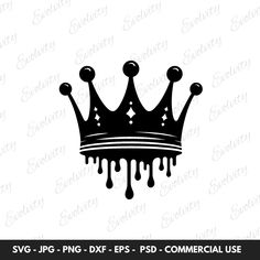 a black and white crown with dripping paint on it, in the middle of an image