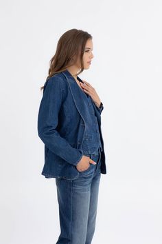 Tailored and sophisticated, this blazer boasts notched lapels, a two-button closure, and welts that flatter the waist. Layer the Coco blazer over a denim vest and jeans for a stylish Canadian tuxedo ensemble. Vest And Jeans, Canadian Tuxedo, Denim Blazer, Wide Boots, Linen Shorts, Denim Vest, Top Styles, Coco, Sleeve Length