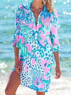 Women's Floral Print Long Sleeve Beach Shirt Dress V-neck Shirt Dress For Beach Season, Long Sleeve Shift Shirt Dress For Vacation, Shift Fit Long Sleeve Shirt Dress For Vacation, Vacation V-neck Printed Shirt Dress, Summer Long Sleeve Shift Shirt Dress, Printed V-neck Shirt Dress For Vacation, Printed Mini Dress For Summer Beach, Summer Long Sleeve Mini Dress For Day Out, V-neck Shirt Dress For Summer Beach