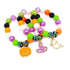 These adorable bracelets are the perfect addition to classroom goodie bags or as a gift for your little one's friends! Each bracelet features a resin filled gold charm, resin rhinestone beads and an assortment of purple, orange, green, white and black 10mm acrylic beads strung with durable stretch floss cord. Each bracelet comes individually packaged in organza bags. You will receive a mix of the resin filled ghost, pumpkin and witch hat charms. A mix of girl's and boy's bracelets is also availa Novelty Party Jewelry Made Of Plastic, Novelty Plastic Party Jewelry, Playful Assorted Jewelry For Gifts, Playful Assorted Jewelry For Birthday, Playful Assorted Color Jewelry For Gifts, Playful Assorted Jewelry For Birthdays, Playful Plastic Jewelry For Gifts, Playful Plastic Jewelry Gift, Playful Plastic Jewelry As Gift