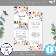 the wedding program bookmark is shown with flowers and leaves