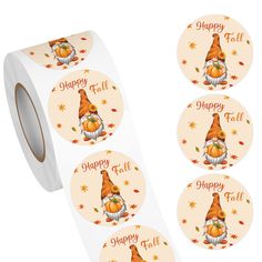 a roll of happy fall stickers with an image of a gnome