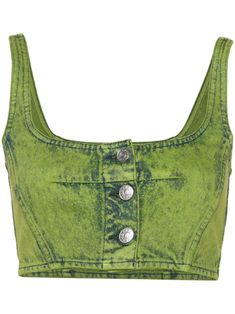 Spring Season Washed Cotton Crop Top, Summer Washed Cotton Crop Top, Washed Cotton Crop Top For Summer, Sleeveless Cotton Crop Top With Button Closure, Trendy Green Cotton Crop Top, Trendy Sleeveless Crop Top With Button Closure, Fitted Acid Wash Crop Top For Spring, Cropped Cotton Crop Top With Button Closure, Sleeveless Cotton Crop Top With Buttons