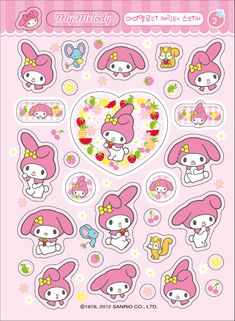 a pink sticker sheet with various cartoon animals and flowers in the shape of hearts