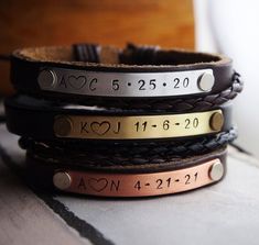 **The price is only for one bracelet only**Personalized Leather Bracelets, Personalized bracelet, customized Anniversary bracelets, Couple anniversary, Customized engraved BraceletThese new creation handmade bracelets are for boyfriend birthday gifts, couples anniversary date gifts, couples gift, wedding anniversary gift, your sister gifts, your mother gifts, your best friends, unisex options.Metal+Leather band+custom information= Cool styleI can hand stamped any information into the bracelets.I Anniversary Nameplate Bracelet With Engraving Option, Adjustable Name Bracelet With Engraving Option For Anniversary, Adjustable Stainless Steel Name Bracelet For Anniversary, Engraved Wristband Bracelet For Friendship, Classic Customizable Bracelets For Anniversary, Engraved Brown Jewelry For Friendship, Adjustable Engraved Stainless Steel Cuff Bracelet, Customized Stainless Steel Name Bracelet For Anniversary, Engraved Brown Jewelry As Gift