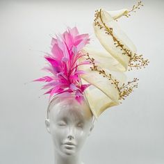 Handmade by Featured Milliner of The Kentucky Derby Museum 2023 & 2024! One-of-a-kind! Painstakingly sewn & crafted for myself for attending the Dillards Spring Fashion show. Pink-purple-lilac spiked feathers on ivory mini saucer base with beautiful wired sinamay/crinoline spiral! Exquisite piece. One of my proudest pieces in the entire collection. Feather burst can be subbed out for robin egg blue if preferred. Think Royal Ascot or Met Gala level artistry and impact.  Attaches with headband and Handmade Fascinator For Kentucky Derby With Structured Crown, Handmade Kentucky Derby Fascinator With Structured Crown, Handmade Structured Crown Fascinator For Kentucky Derby, Luxury Fitted Fascinator For Kentucky Derby, Luxury Kentucky Derby Fascinator, Handmade Mini Hat With Structured Crown For Kentucky Derby, Handmade Top Hat For Kentucky Derby, Handmade Structured Crown Hat For Kentucky Derby, Handmade Hats For Royal Ascot Races